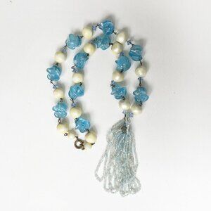 Vintage Blue Plastic & Faux Pearl Beaded Seed Bead Tassel Link Necklace As Is
